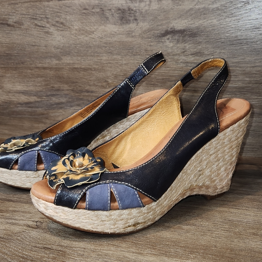NAYA Coretta Espadrille Leather Black Flower Peep Toe Sling Wedge Sandals SZ 9.5